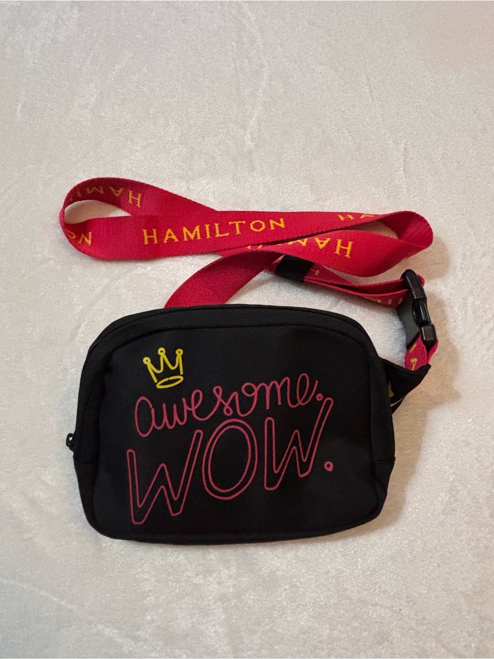 Hamilton Black Crossbody Bag with Pink 'Awesome WOW' Script and Yellow Crown